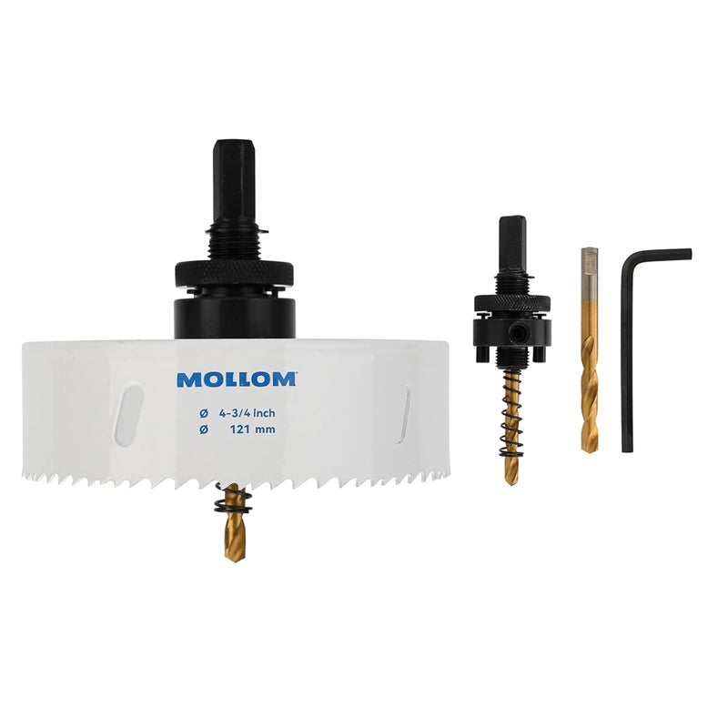 Mollom منشار ثقب ثنائي المعدن HSS M42 بقطر 121 مم | 4-3/4" مع 8% كوبالت مع 2 بت حفر وعمود قطع سلس للبلاستيك، الجبس، الخشب، اللوح الجصي، المطاط - Image 1